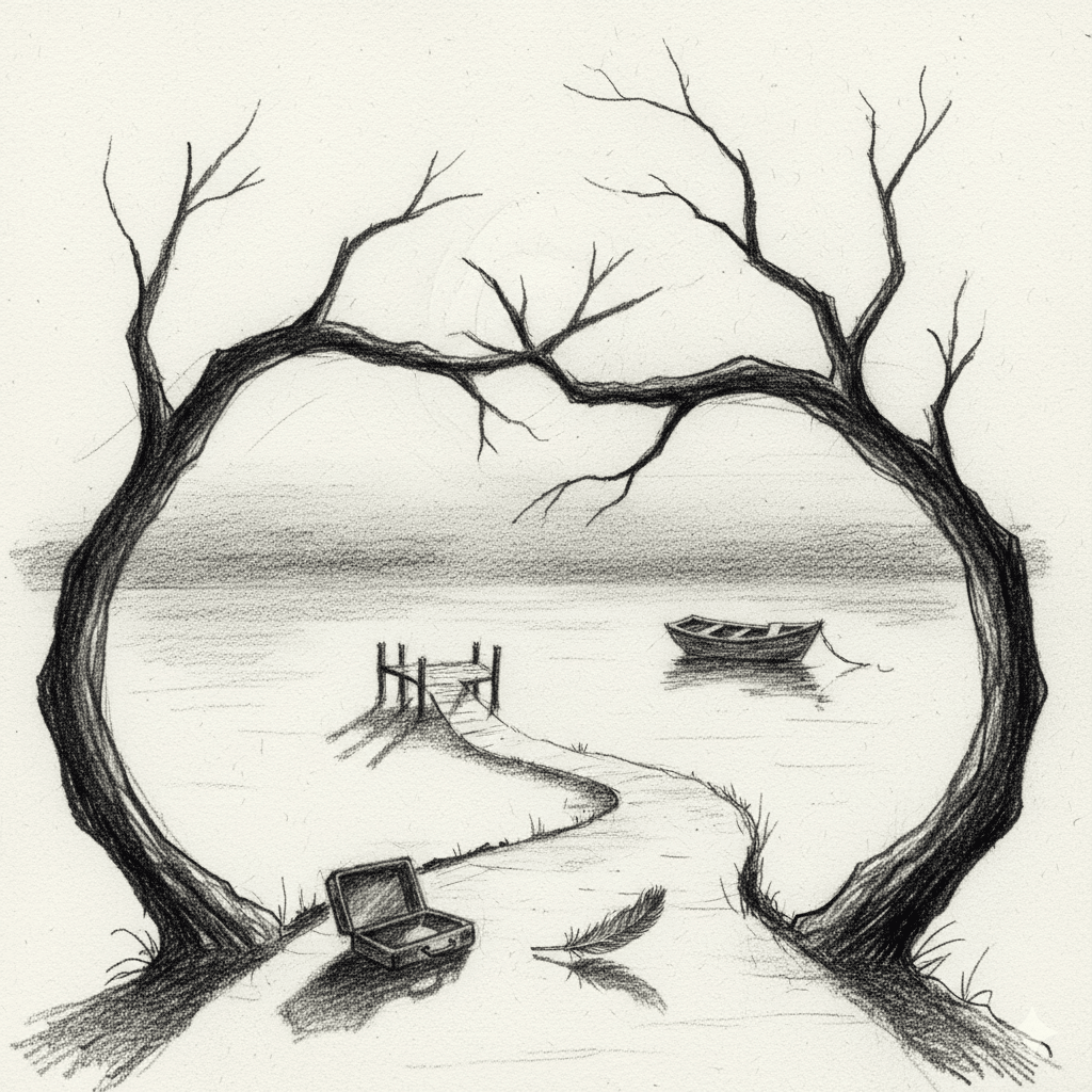 বিদায়ের প্রতীকী স্কেচ যেখানে একটি খালি সুটকেস, পালক এবং দূরে একটি নৌকা দেখা যাচ্ছে।
